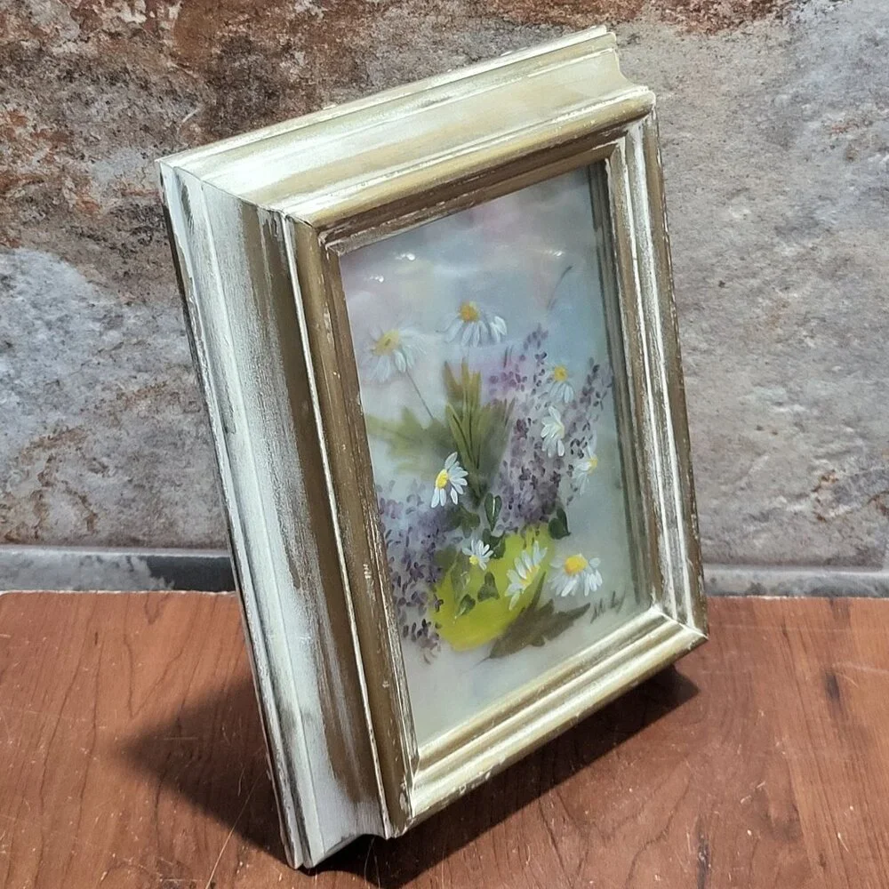 Framed Artwork Dried Flowers 3D Floral Arrangement Yellow Vase Signed Shirley